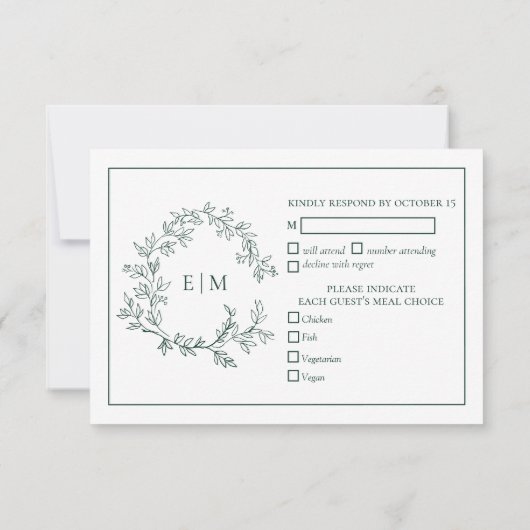 Emerald Green Leafy Crest Monogramme Mariage RSVP (Dos)