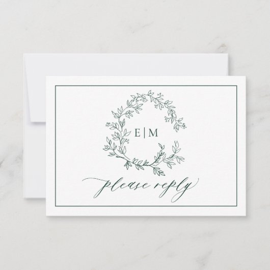 Emerald Green Leafy Crest Monogramme Mariage RSVP (Devant)