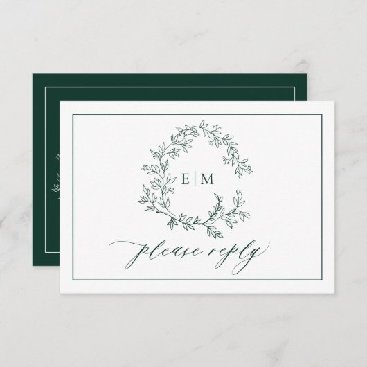 Emerald Green Leafy Crest Monogramme Mariage RSVP (Devant / Derrière)