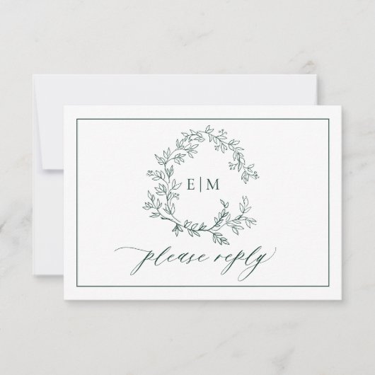Emerald Green Leafy Crest Monogramme Mariage RSVP (Devant)