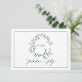 Emerald Green Leafy Crest Monogramme Mariage RSVP (Debout devant)