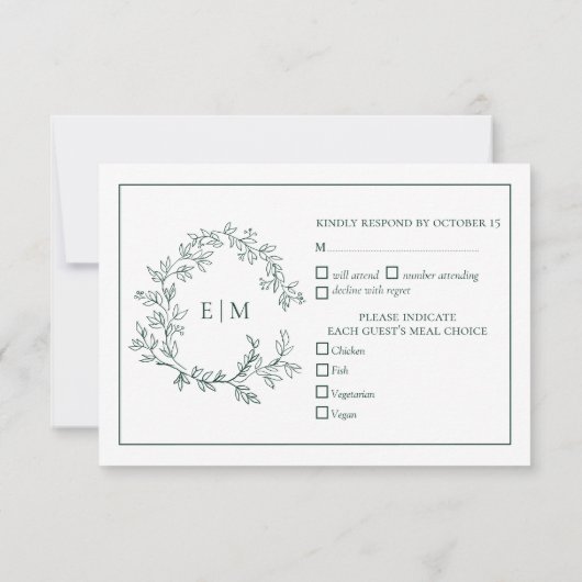 Emerald Green Leafy Crest Monogramme Mariage RSVP (Dos)