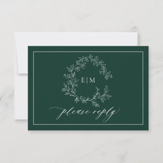 Emerald Green Leafy Crest Monogramme Mariage RSVP (Devant)