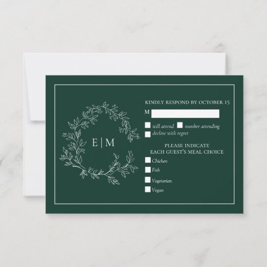Emerald Green Leafy Crest Monogramme Mariage RSVP (Dos)