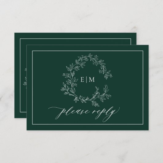Emerald Green Leafy Crest Monogramme Mariage RSVP (Devant / Derrière)