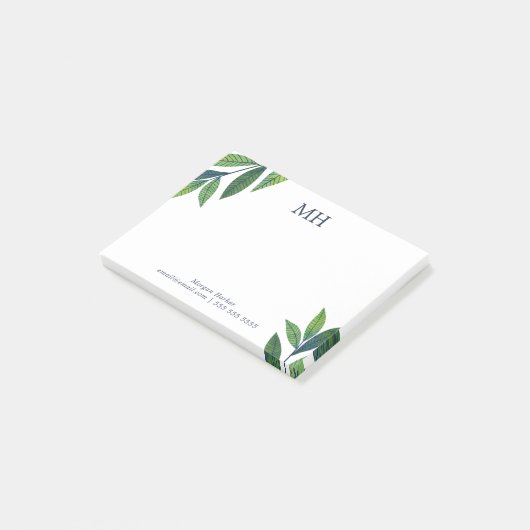 Emerald Green Leaves Monogram Post-it® Notes (Schuin)