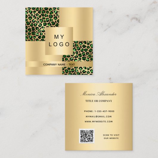 Emerald green leopard gold model logo QR code Vierkante Visitekaartje (Voorkant / Achterkant)