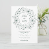 Emerald Green Line Art Floral Wreath Wedding Kaart (Staand voorkant)