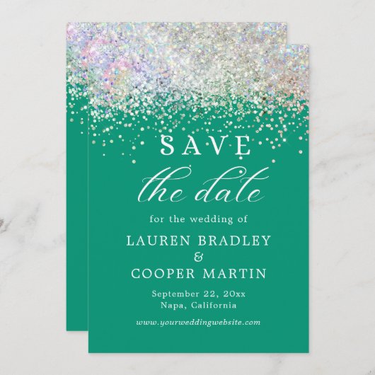 Emerald Green Luxury Glitter Wedding Save the Date (Voorkant / Achterkant)