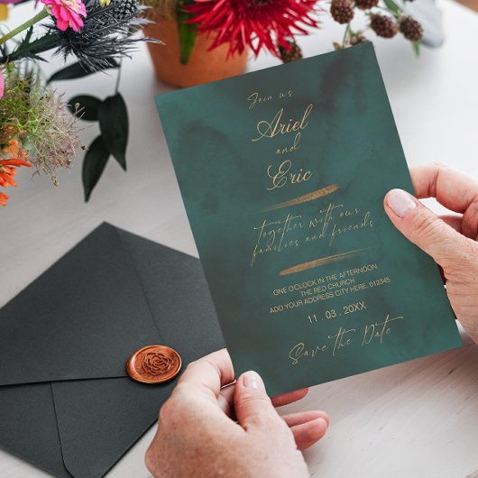Emerald Green Marble & Gold Eucalyptus Weddenschap Save The Date