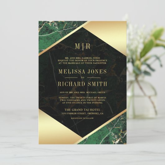 Emerald Green Marble Monogram Alles in één bruilof Kaart (Staand voorkant)