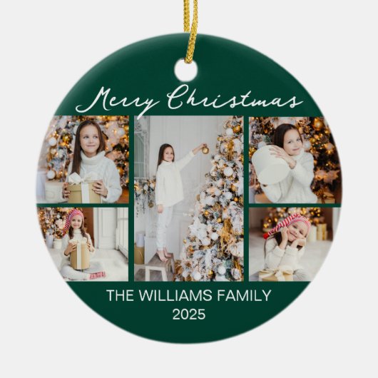 Emerald Green Merry Christmas Photo Collage Keramisch Ornament (Voorkant)