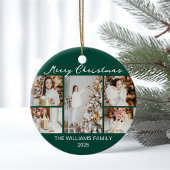 Emerald Green Merry Christmas Photo Collage Keramisch Ornament