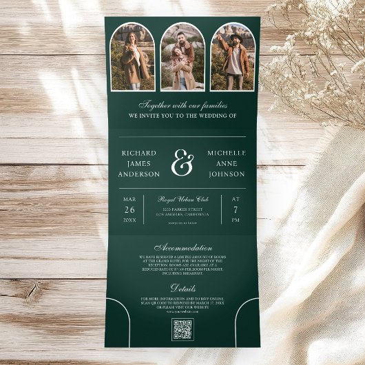 Emerald Green Minimal Arch Photo QR code Wedding Drieluik Uitnodiging