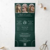 Emerald Green Minimal Arch Photo QR code Wedding Drieluik Uitnodiging (Binnen)