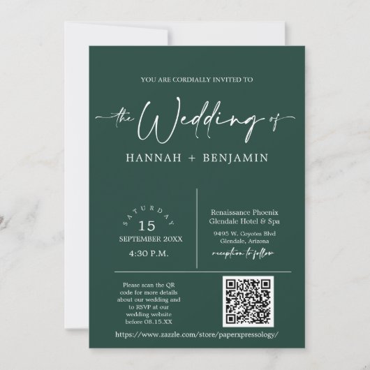 Emerald Green Minimal Wedding Arch QR Code Foto Kaart (Voorkant)