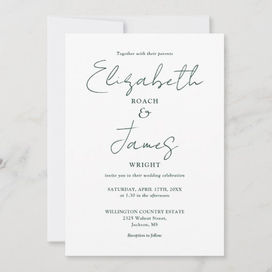 Emerald Green Minimalist Elegant Script Wedding Kaart (Voorkant)