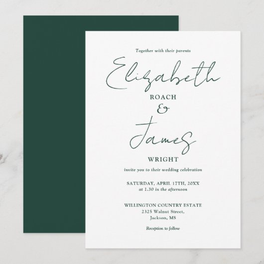 Emerald Green Minimalist Elegant Script Wedding Kaart (Voorkant / Achterkant)