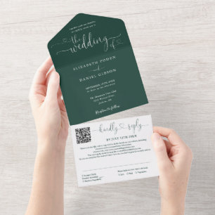 Emerald Green Minimalist Script QR Code Wedding All In One Uitnodiging