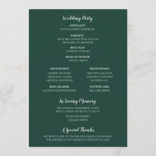 Emerald Green Modern Minimalist Golf Wedding Programma (Achterkant)
