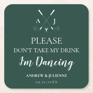 Emerald Green Modern Monogram Golf Wedding Vierkante Kartonnen Onderzetter