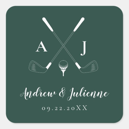 Emerald Green Modern Monogram Golf Wedding Vierkante Sticker (Voorkant)