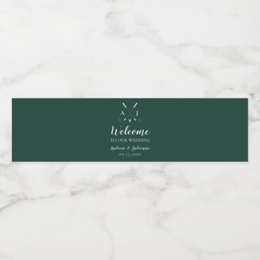 Emerald Green Modern Monogram Golf Wedding Waterfles Etiket (Enkel label)