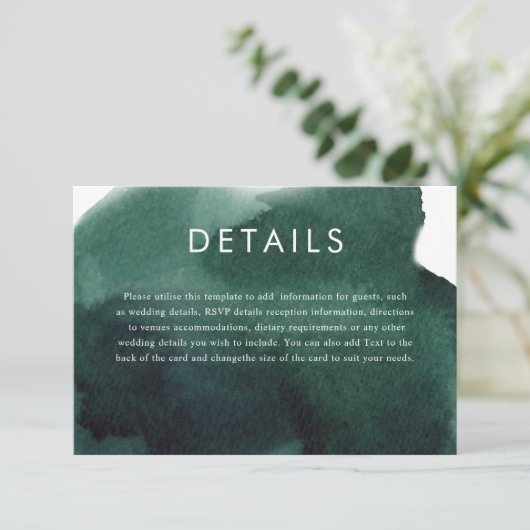 Emerald Green Modern Waterverf Trouwdetails Informatiekaartje (Staand voorkant)