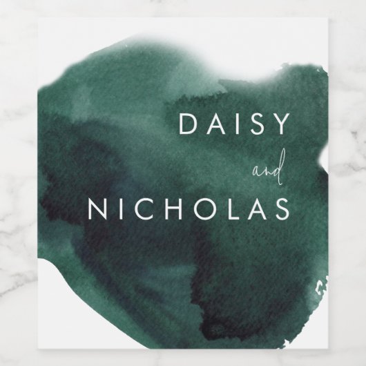 Emerald Green Modern Waterverf Wedding Verloving Wijn Etiket (Enkel label)