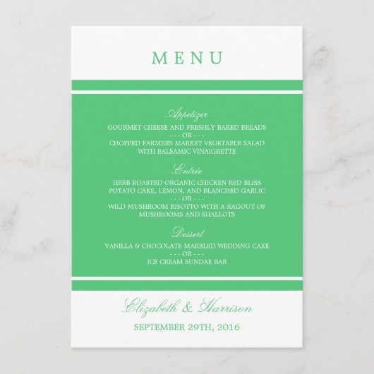 Emerald Green Modern Wedding Menu (Voorkant)