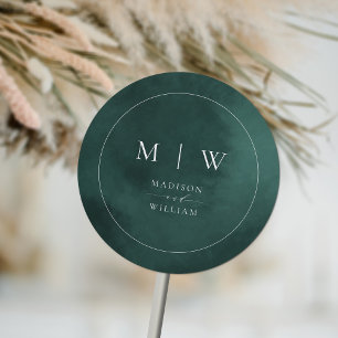 Emerald Green Monogram & Border Elegant Wedding Ronde Sticker