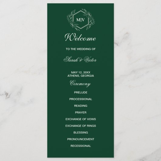 Emerald Green Monogram dubbele zijprogrammakaart Programma (Voorkant)