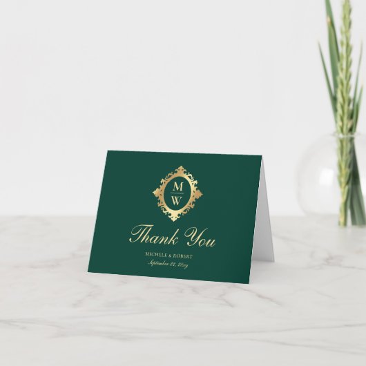 Emerald Green Monogram Elegant Carte de remercieme (Devant)