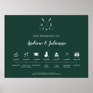Emerald Green Monogram Golf Weddenschap Tijdschema Poster