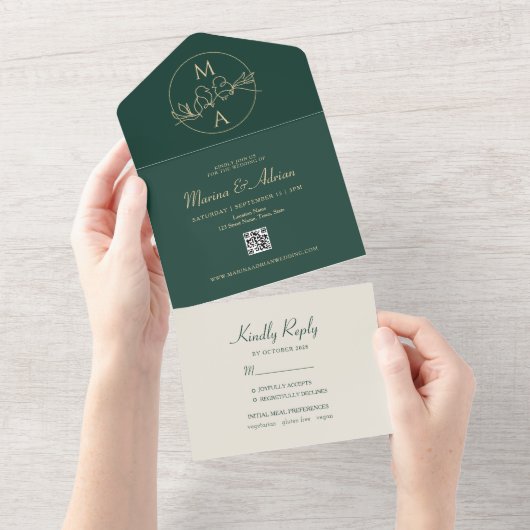 Emerald Green Monogram Wedding All In One Uitnodiging (Afscheurbaar)