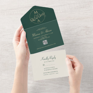 Emerald Green Monogram Wedding All In One Uitnodiging