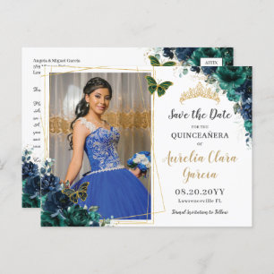 Emerald Green Navy Bloemen Quinceañera foto Aankondigingskaart