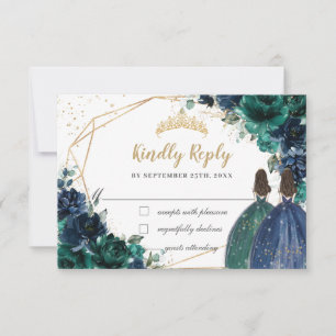 Emerald Green Navy Floral Twins Quinceañera Reagee RSVP Kaartje