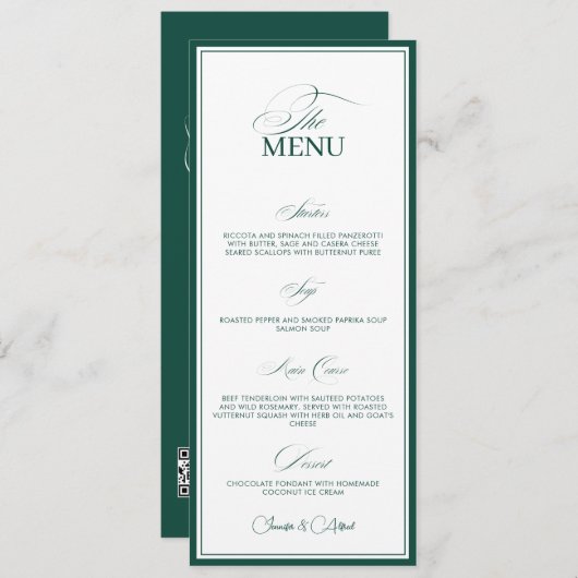 Emerald Green Old Money Wedding Dinner Menu Card (Voorkant / Achterkant)