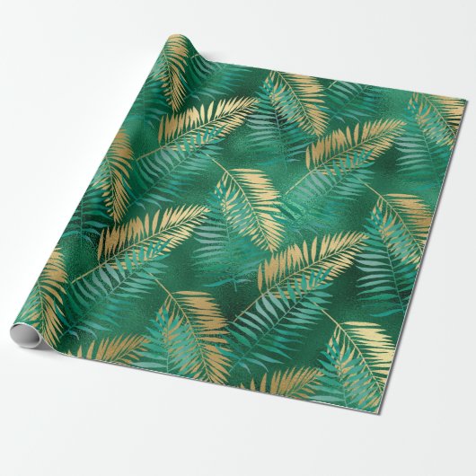 Emerald Green Palm Leaf Bright Golden Oerwoud Cadeaupapier (Uitgerold)