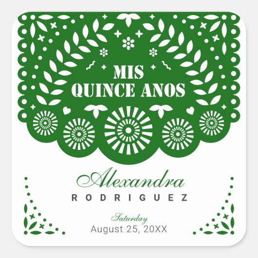 Emerald Green Papel Picado Mis Quince Años Vierkante Sticker (Voorkant)
