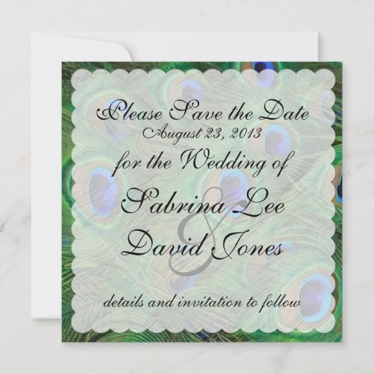 Emerald green Peacock Save the Date (Achterkant)