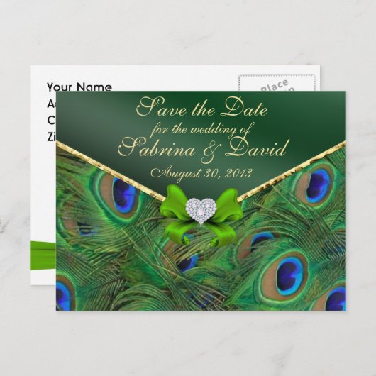 Emerald Green Peacock Save the Date Briefkaart (Voorkant / Achterkant)