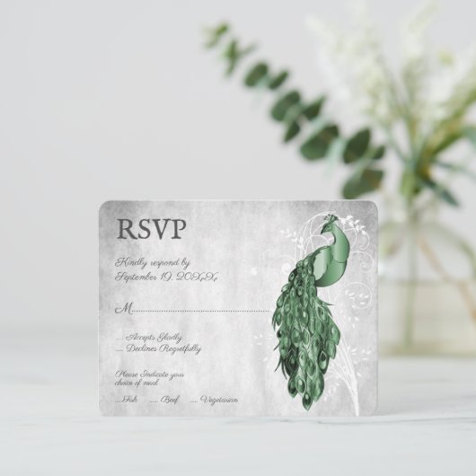 Emerald Green Peacock Wedding RSVP Kaart (Staand voorkant)