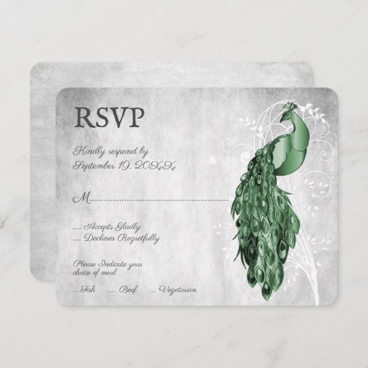 Emerald Green Peacock Wedding RSVP Kaart (Voorkant / Achterkant)