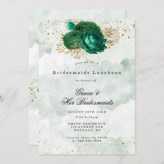 Emerald Green Peony Bridesmaids Luncheon Invite (Voorkant / Achterkant)