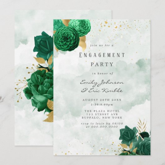 Emerald Green Peony en Gold Engagement Party Kaart (Voorkant / Achterkant)