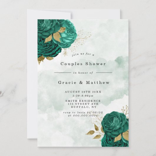 Emerald Green Peony Gold Couples Invitations de do (Devant)