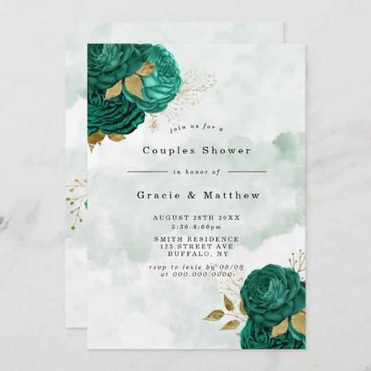 Emerald Green Peony Gold Couples Invitations de do (Devant / Derrière)