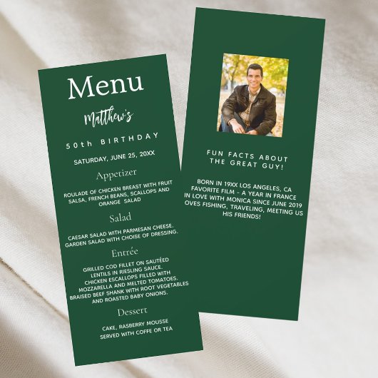 Emerald green photo fun faits carte de menu d'anni